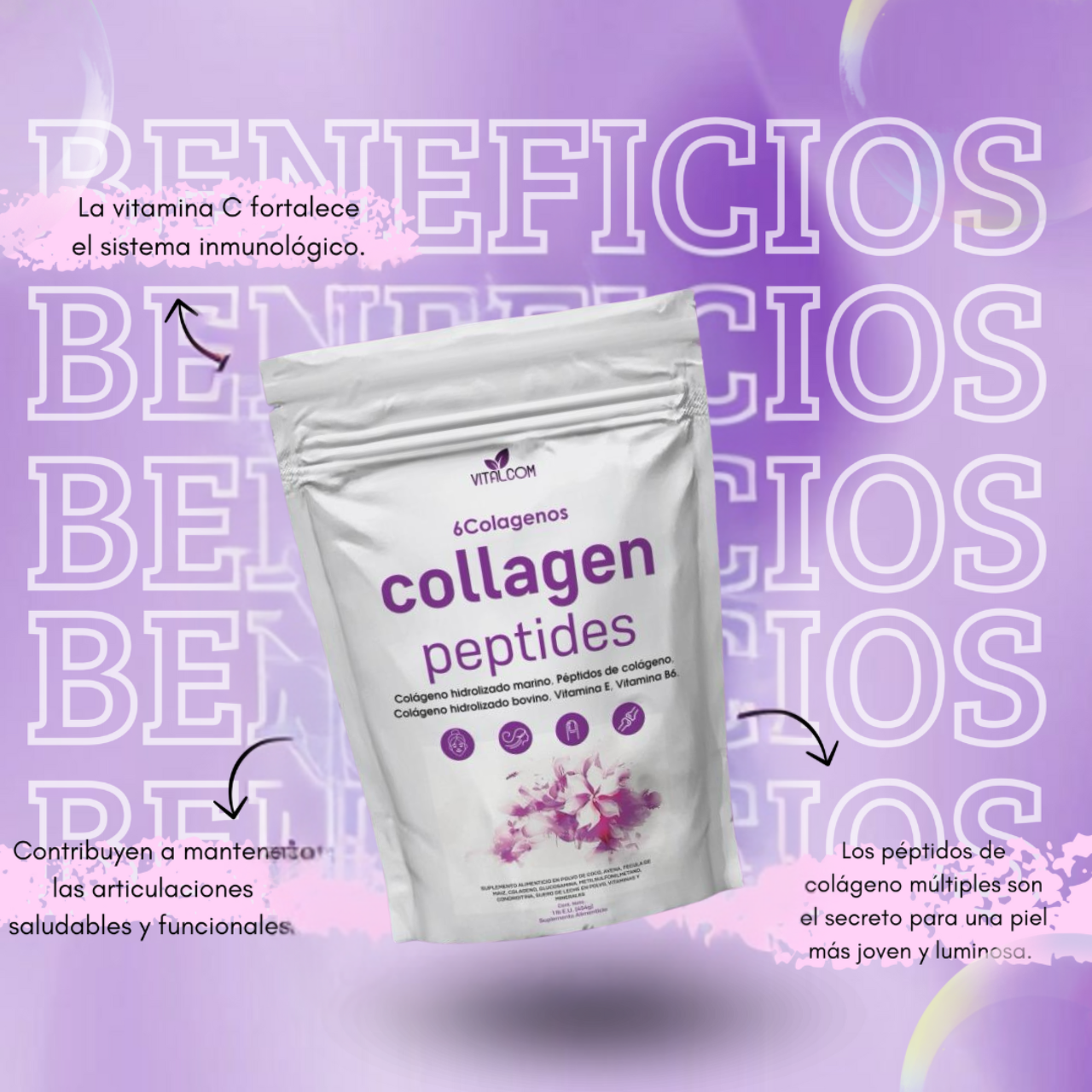 Collagen Peptides – 6 Tipos de Colágeno + Vitaminas para Piel, Cabello, Uñas y Articulaciones