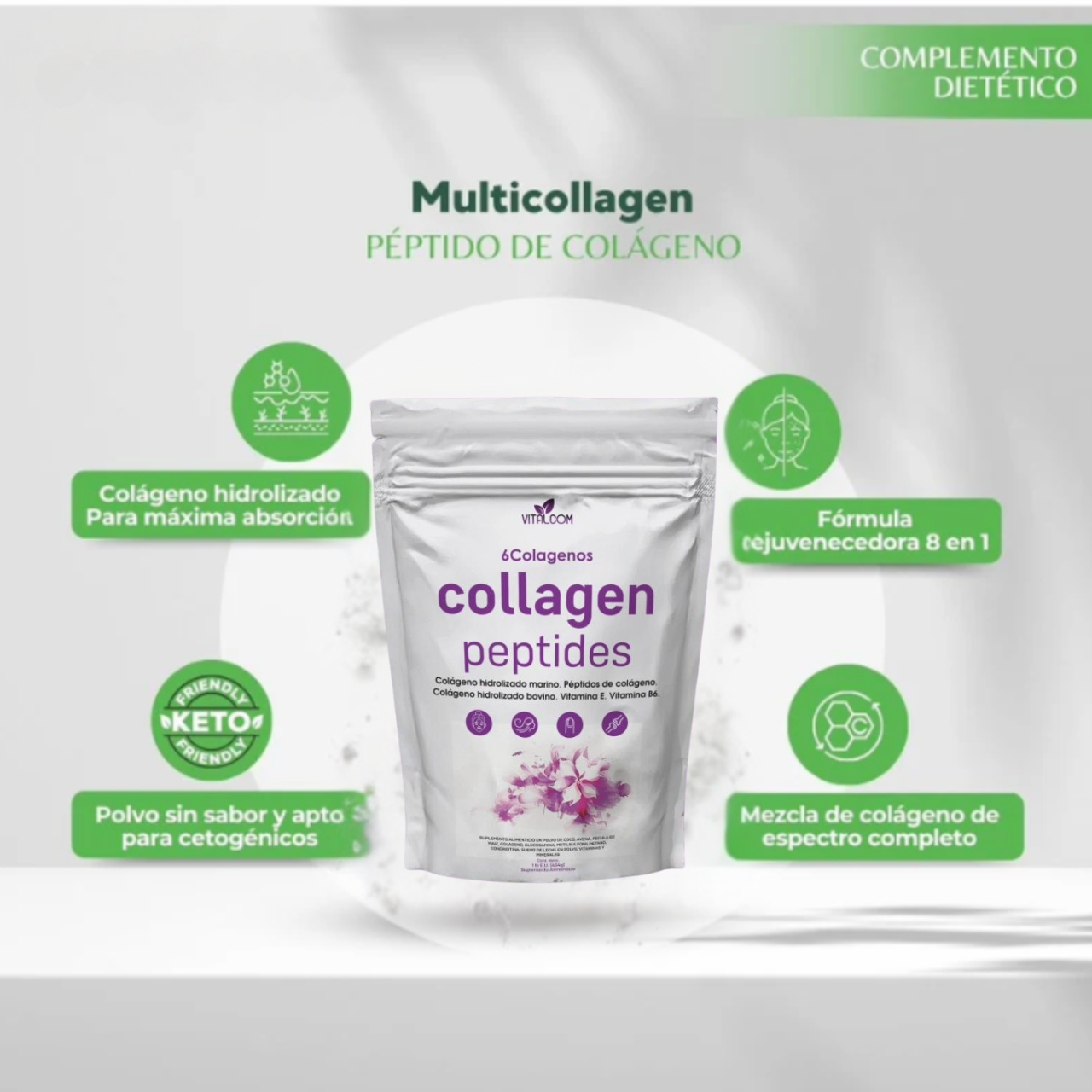 Collagen Peptides – 6 Tipos de Colágeno + Vitaminas para Piel, Cabello, Uñas y Articulaciones