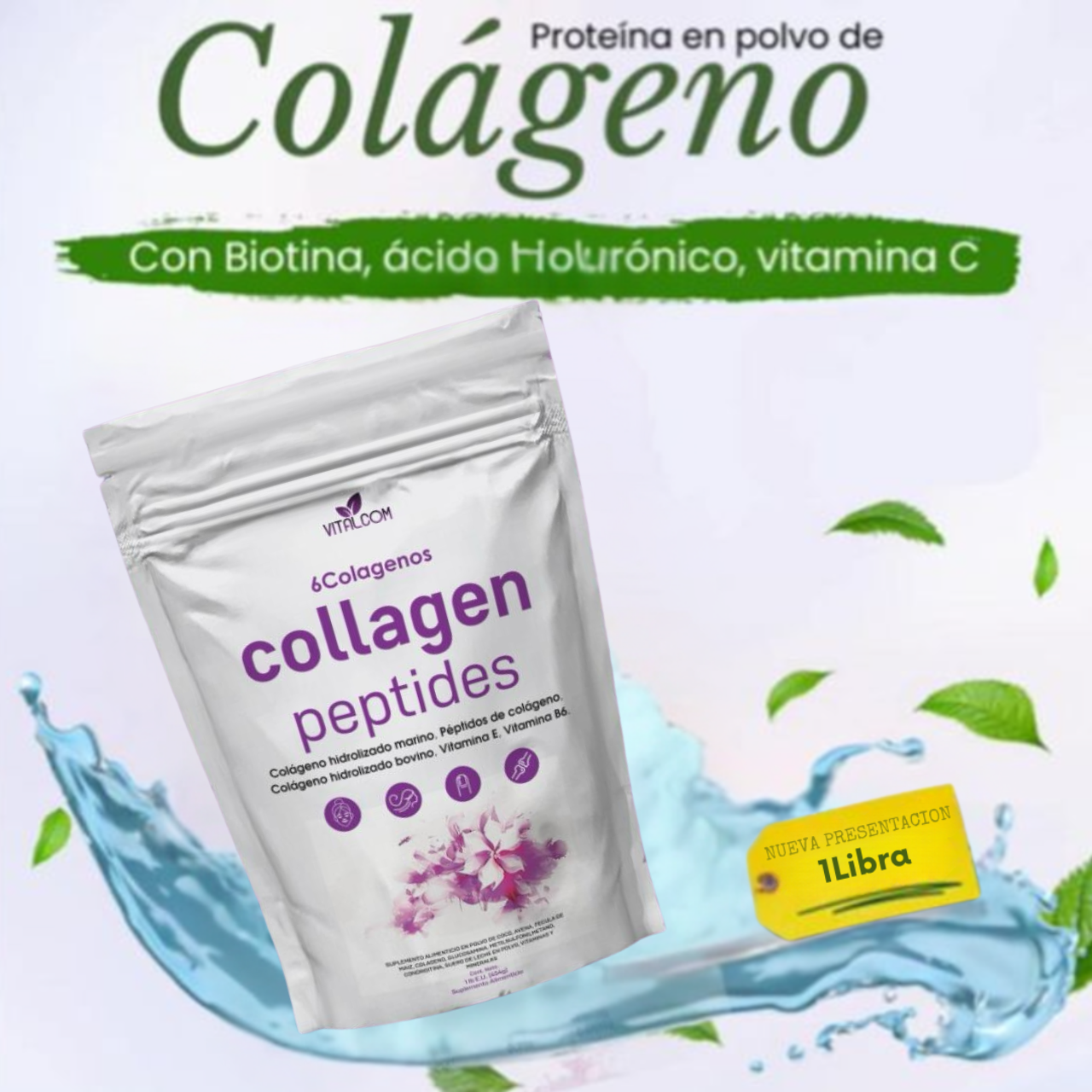 Collagen Peptides – 6 Tipos de Colágeno + Vitaminas para Piel, Cabello, Uñas y Articulaciones
